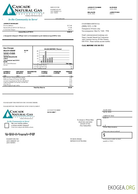 Facture de services publics de l'entreprise USA Cascade Natural Gas, modèle Word et PDF